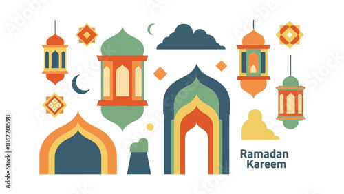 Vibrant Ramadan decorations adorn the mosque architecture with colorful lanterns and crescent moon in a festive evening setting with people.