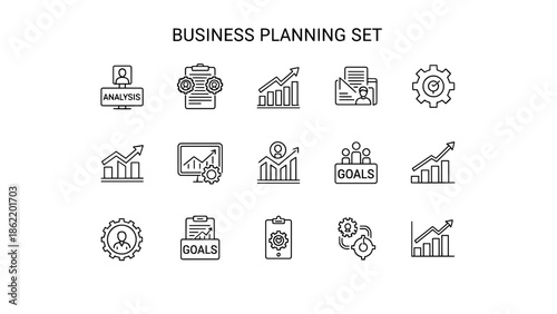 A set of 12 black and white line icons representing various business concepts. Includes charts, graphs, gears, and file symbols