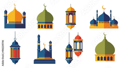 Vibrant Islamic Architecture Icons Displayed Against White Background