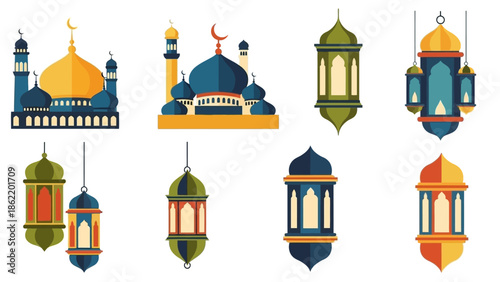 Vibrant illustrations of mosques and lanterns hanging in a row for a festive occasion