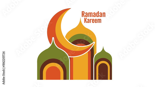Ramadan Kareem celebration with crescent moon and mosque illustration