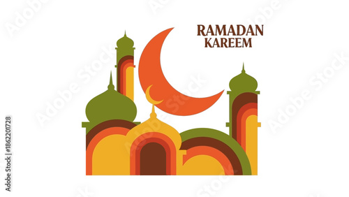 A serene nighttime view of a mosque with a crescent moon above it, surrounded by vibrant colors and Ramadan Kareem text.