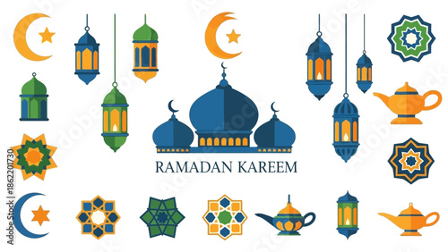 Ramadan Kareem celebration with colorful lanterns and crescent moon viewed from a distance in a cultural event