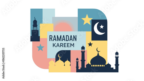 Ramadan Kareem celebration with mosque and flag decorations