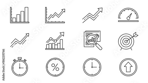 A set of 12 black and white line-art icons depicting business and financial concepts, including charts, arrows, targets, and time-related elements