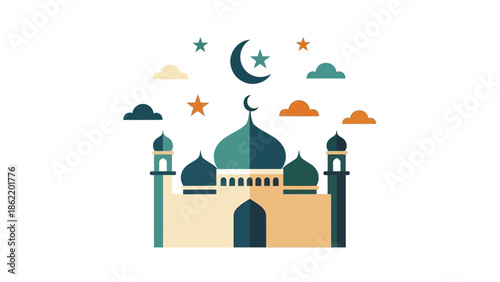 A serene illustration of a mosque under a starry night sky with crescent moon and clouds