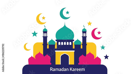 A vibrant illustration of a mosque under a starry night sky celebrates Ramadan Kareem with colorful crescent moons and stars.