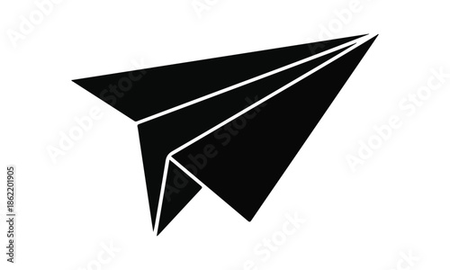 Flat 2D paper airplane vector illustration, geometric abstract shape, black and white only, smooth edges