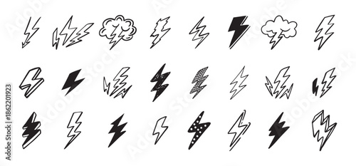 Doodle set lightning line art. Hand drawn lightning icons