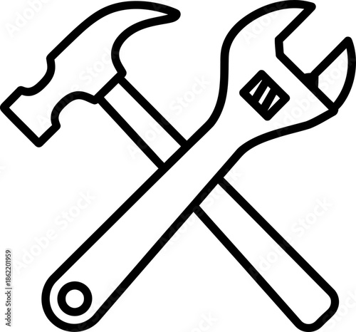 Crossed hammer and wrench tool icon. Mechanic service or construction concept. Outline vector symbol for repair shop, app, website