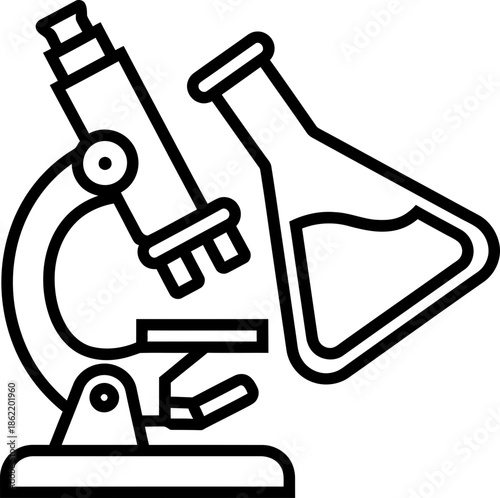 Microscope and chemical flask with liquid. Science experiment or laboratory research symbol. Flat black line vector icon for education