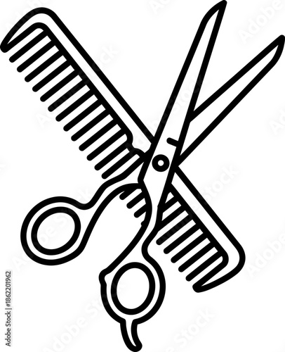 Scissors and comb crossed, showing haircut and barbershop professional styling tool. Outline graphic. Vector icon for beauty salon logo design, hairdresser app symbol