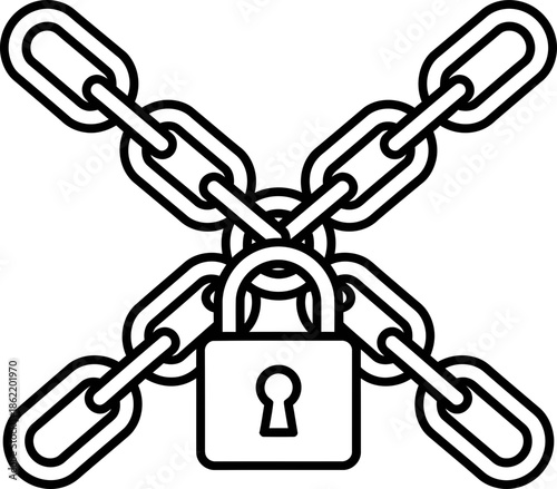 Black outline chain with padlock forming an X shape, concept of security, lock, encryption, for web design, app, icon, vector illustration