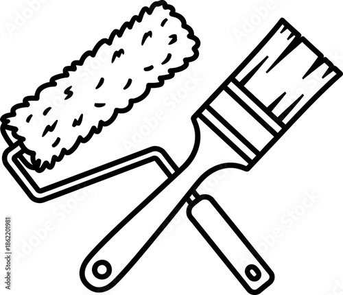 Paint roller and brush crossed. Decorating tool for home improvement, wall painting, art, repair, and house renovation. Outline vector icon
