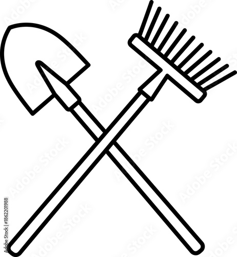 Crossed shovel and rake outline icon, simple garden tool symbol. Vector illustration for agriculture, gardening, farm work, and cleaning concept