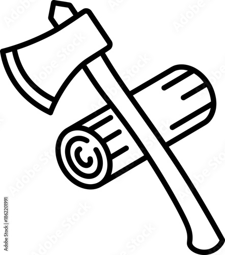 Axe and log black line icon. Wood tool symbol for logging, lumberjack, forestry, camping. Outline vector illustration