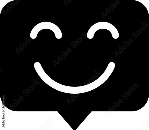 Happy smiling face chat bubble icon, black and white symbol for message, communication, feedback, and positive emotion. Vector illustration