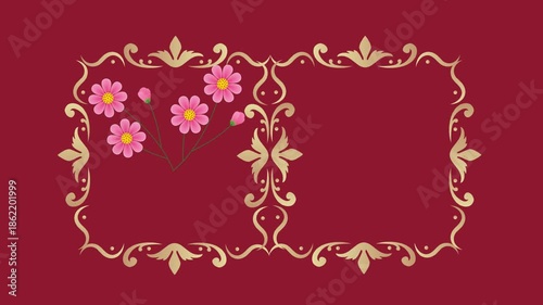 draw set of several pink flower decorate with various bud enclose by golden frame in rectangle shape on maroon screen background
