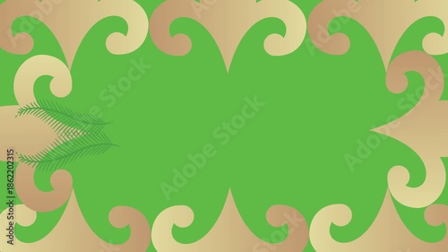 draw set of several white flower decorate with green leaf enclose by golden frame in rectangle shape on green screen background
