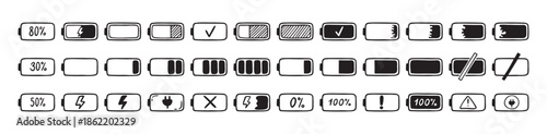 Mobile battery doodle Hand drawn set. Collection pen ink pencil drawing sketches connection indicator isolated. low or high energy charge
