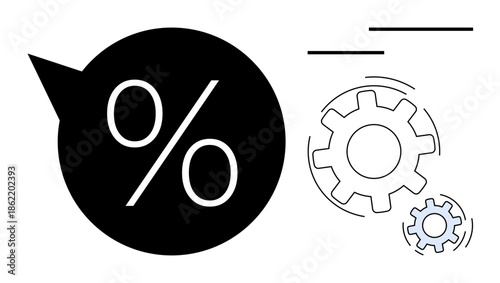 Data analytics, efficiency improvement, process optimization, business growth, calculation tools, performance enhancement. Percentage symbol and gears in minimalist design. Efficiency