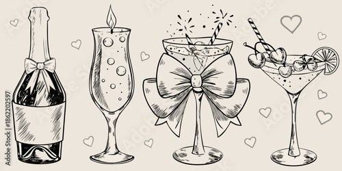 A celebratory sketch featuring champagne cocktails and festive decorations