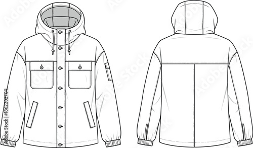 Hooded jacket flat sketch, front back view, flap zip pockets sleeve patch, drawstring hood, fashion vector illustration