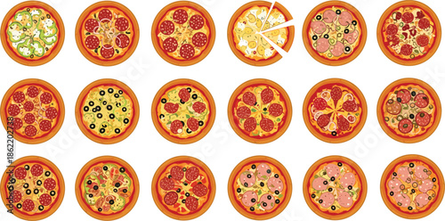 Pizza icon set, assorted toppings styles, pepperoni mushroom olive cheese tomato slices, food graphic pack, flat vector illustration