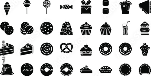 Silhouette dessert icons, donuts cupcakes cookies lollipops cakes candy treats, black graphic set, flat vector illustration