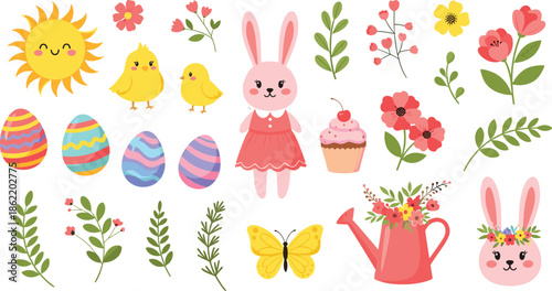 Spring cartoon icons, bunny chicks sun flowers Easter eggs cupcake butterfly watering can, cheerful set, flat vector illustration