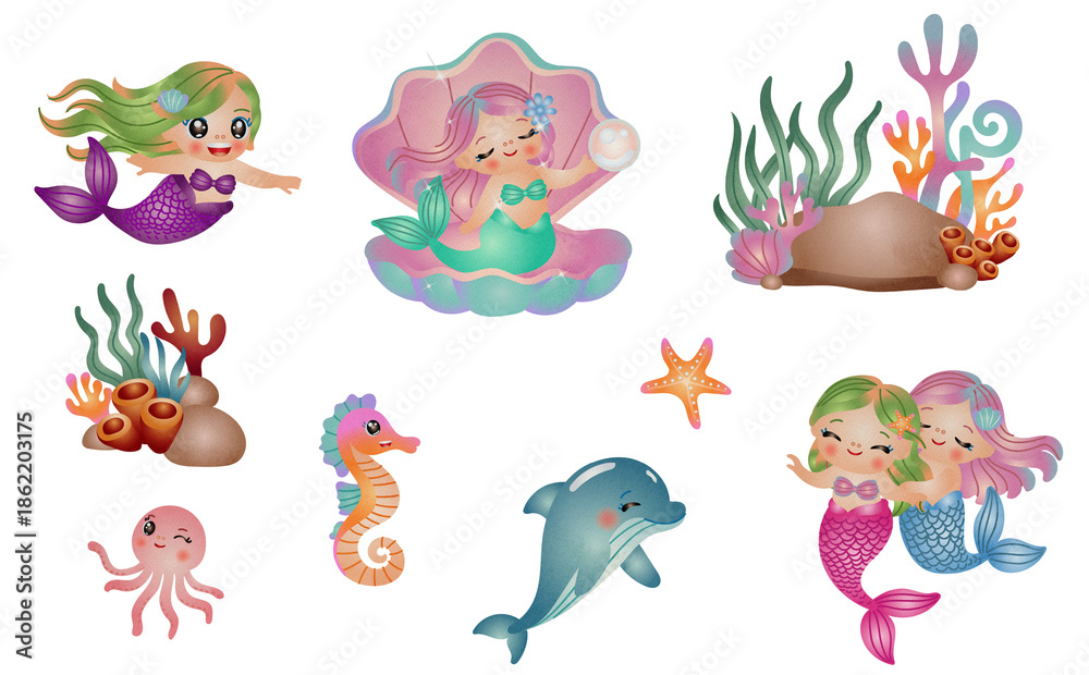 Obraz premium cute mermaid with sea life elements illustration set. watercolor hand drawn style.