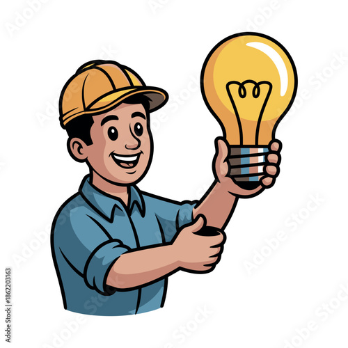 Worker holds a large glowing incandescent light bulb idea.