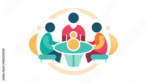 Abstract icon of a group of people sitting around a circular table, representing family Iftar, minimalist circles