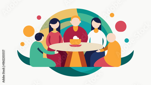 Abstract icon of a group of people sitting around a circular table, representing family Iftar, minimalist circles