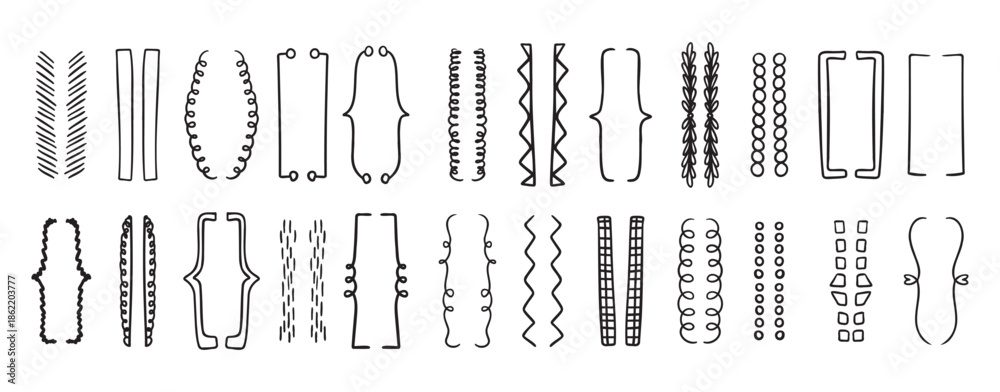 Naklejka premium Hand drawn doodle brackets set. Scribble brackets and drawing in black. Wavy frames for text, silhouettes of parenthesis.