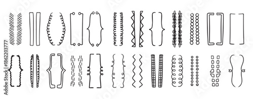 Hand drawn doodle brackets set. Scribble brackets and drawing in black. Wavy frames for text, silhouettes of parenthesis.