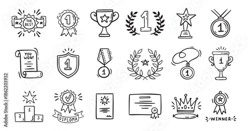 Awards doodle, trophy cups, first place medals and diploma set. Hand drawn champion trophy cup and gold medal. Drawing award decorative isolated icons. 