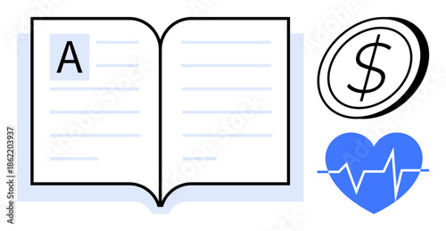 Education, healthcare, financial literacy, medical knowledge, cost analysis, academic research. Open book, heart with a heartbeat line and coin with dollar sign. Education and healthcare