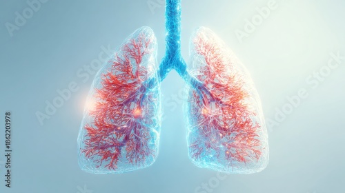 close up of human lungs illustration blended with realistic photography style, clean and healthy lungs concept, bright background, medical clarity
