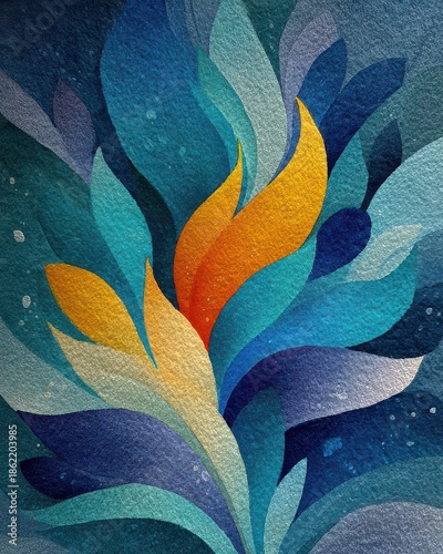 Vibrant Abstract Leaves in Blue and Gold Oceanic Watercolor Style