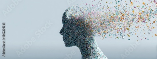 Human head filled with flowing colorful AI data particles shaped like emotions icons, calm pastel background, concept of emotions processed as data