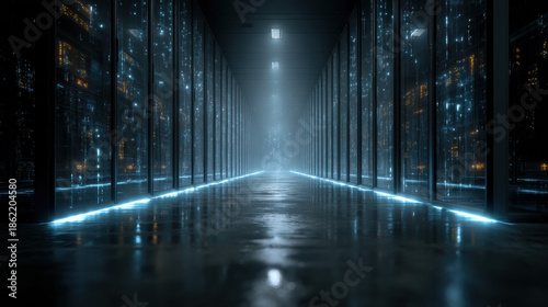 Futuristic data center with sleek server racks, illuminated electronic infrastructure, modern technology environment, high-tech digital network, and innovative cybersecurity solutions