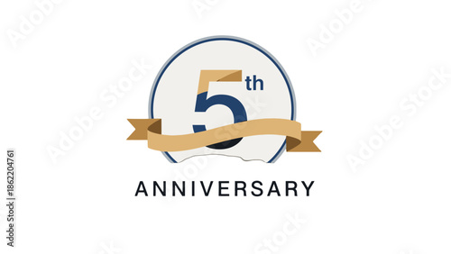 Classic 5th Anniversary logo with blue number and golden ribbon banner in a soft circular design, isolated white background.