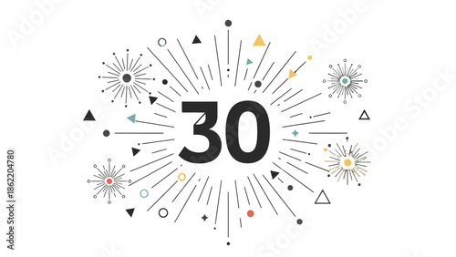 Modern 30th Anniversary logo with abstract colorful fireworks and geometric shapes, isolated white background.