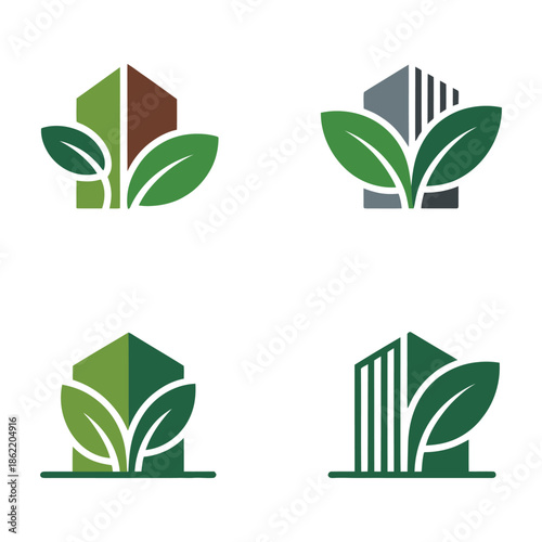Four modern green leaf and building logos suggest sustainable urban.