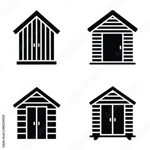 Four different styles of small wooden beach hut icons are displayed.