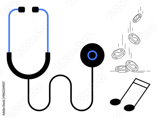Healthcare funding, music therapy, financial investment, creative wellness, audio innovation, sound healing. A stethoscope, musical note and coins. Healthcare funding and music therapy concept