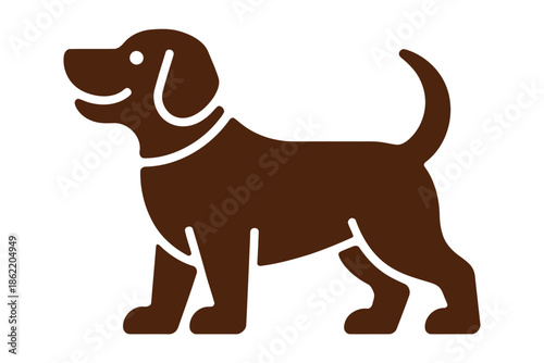 Brown dog silhouette stands alertly with happy expression against white.