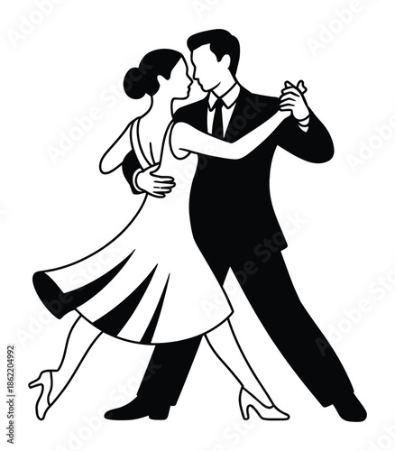Silhouetted couple performs a passionate tango dance move against white.