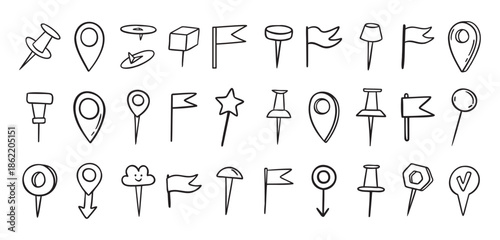 Pins hand drawn doodle set. Pin line drawing style for planner or map. Pins variable icons